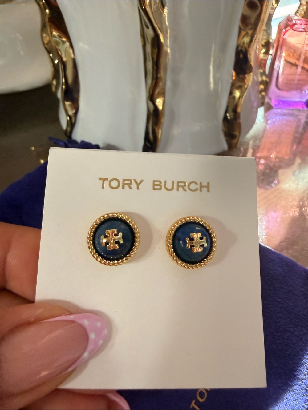 Tory Burch Navy and Gold Round Logo Stud Earrings